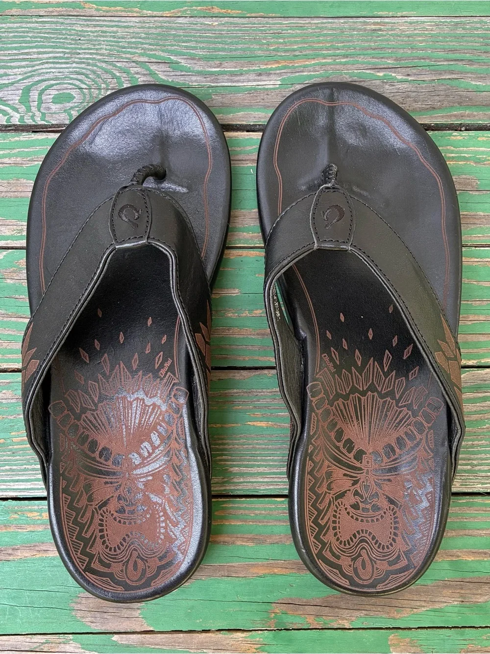 OluKai Kulia Leather Flip Flop Sandals Black Comfort Thong Sandals Mens Sz 9